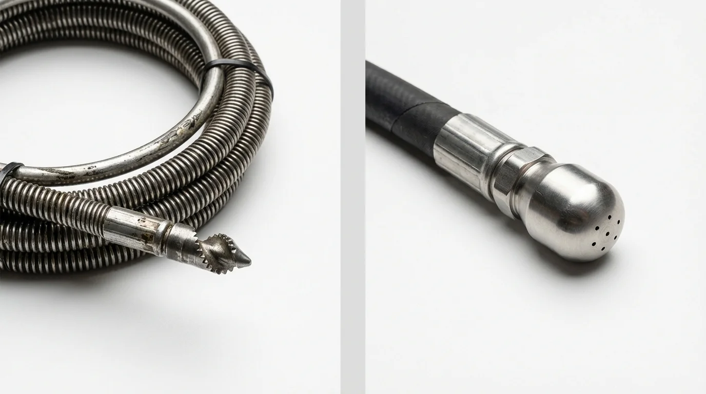 Drain snake cable and hydro jetting nozzle used for drain cleaning in Chesterfield, NH