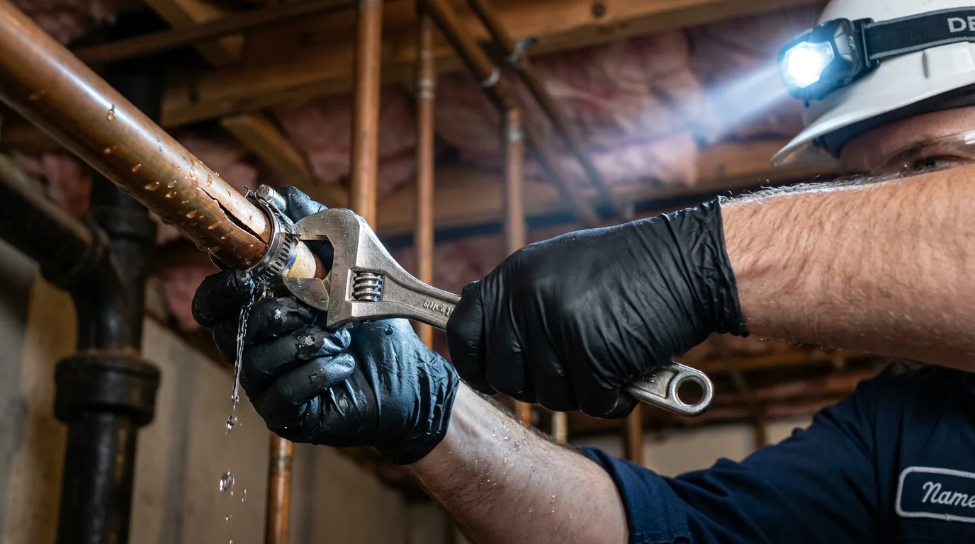 Emergency pipe clamp repair being performed by a Johns Plumbing LLC plumber in Chesterfield