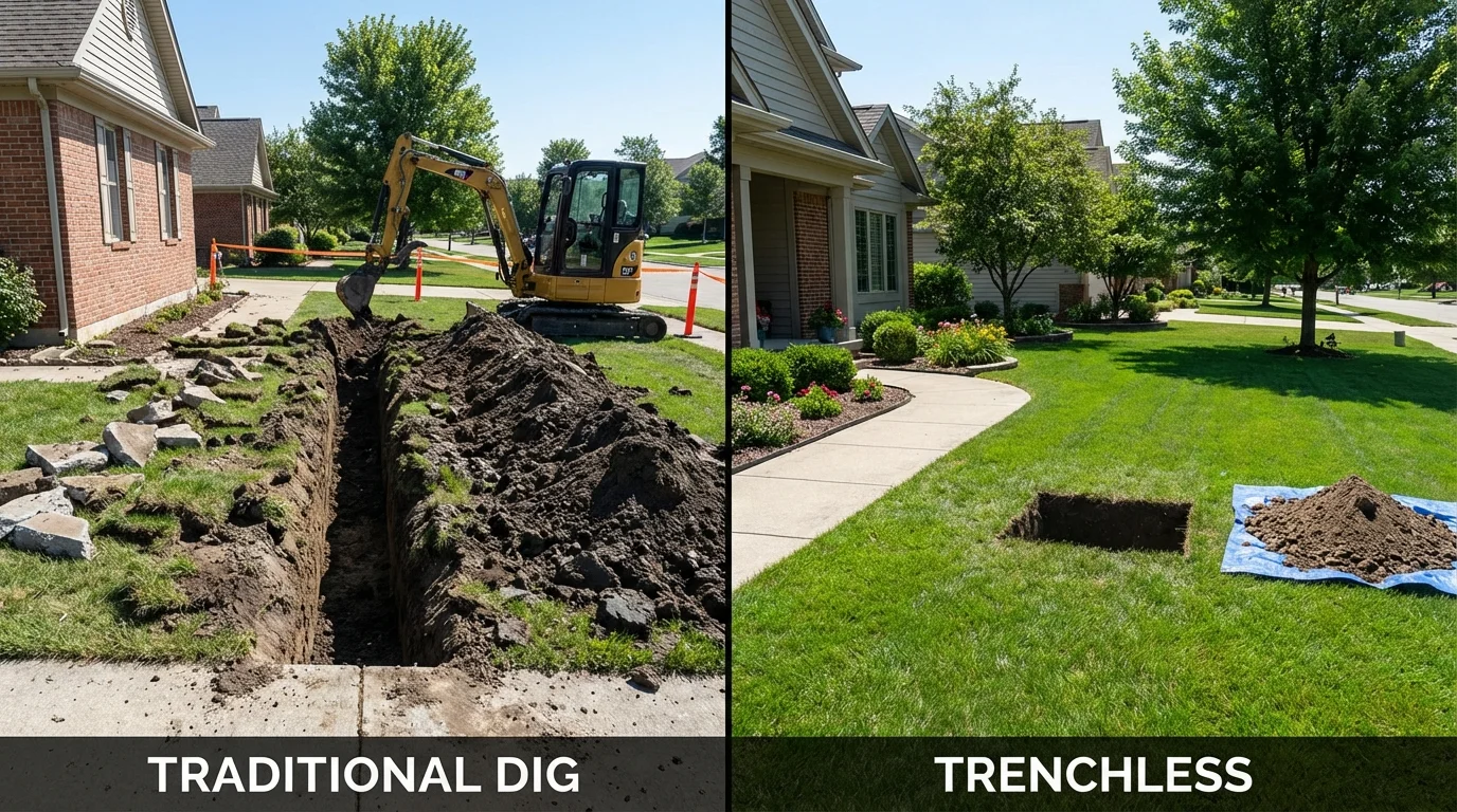 Trenchless sewer repair with minimal yard damage versus traditional excavation in Chesterfield, NH
